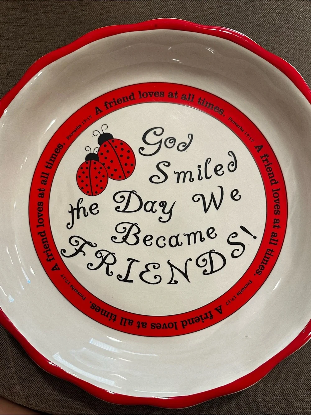 Red and White 'God Smiled the Day We Became Friends' Decorative Serving Bowl